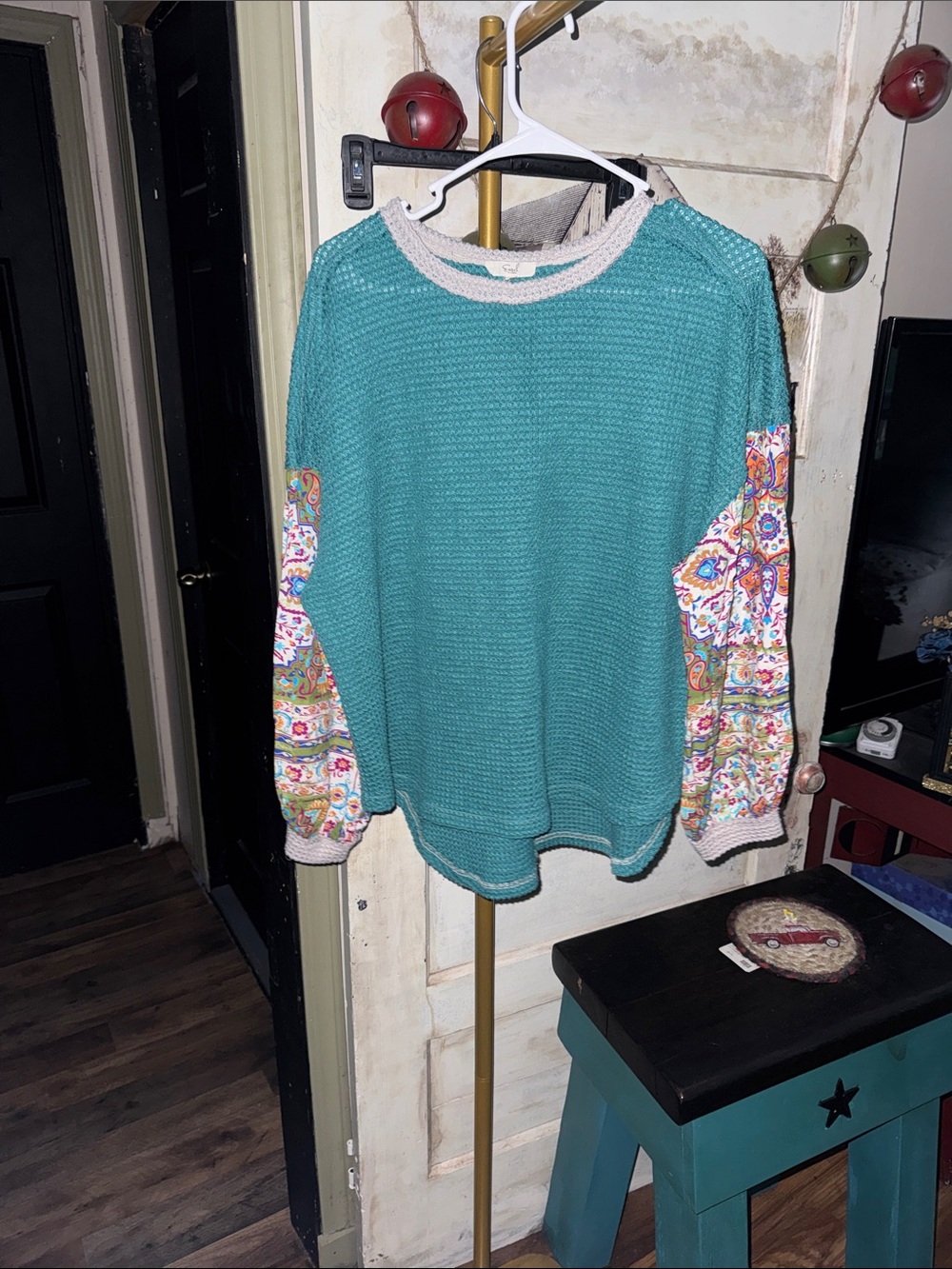 easel Teal Crewneck Sweater with Floral Patchwork Sleeves
